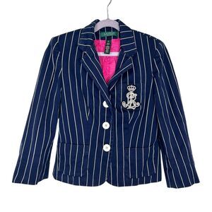 Lauren Ralph Lauren Suit Womens 4P Navy Crest Logo Pinstripe Silk Blazer Jacket